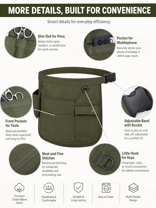 Molaxhome Waist Tool Apron with Multi-Pocket Adjustable Belt for Gardening | Adjustable Long Belt,Waitress Server Aprons,Tool Belt,Hairdressers,Work Apron