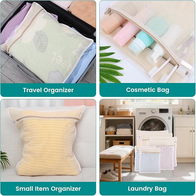 6 Pack Durable Cotton Mesh Laundry Bags for Delicates, Natural Cotton Laundry Bags Mesh Wash Bags with Sturdy Zipper for Underwear Bras Socks Clothes Storage Washing Machine Safe (M+L+XL)