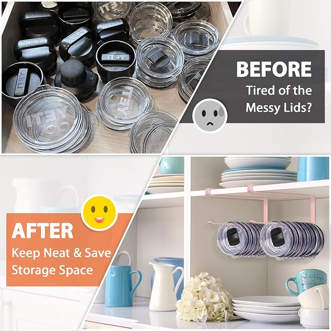 2 Pack Tumbler Lid Organizer, Versatile Tumbler Storage Holds 20 Lids Pink | Space Saving Cup Lid Organizers Inside Cabinet Tumbler Lid Hook for Kitchen Organizer and Storage, Paper Towel Rack Hanger