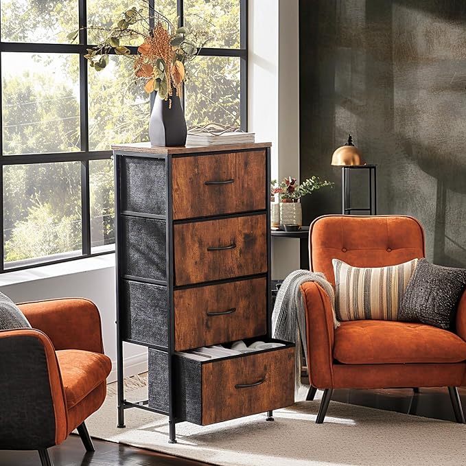 Sweetcrispy Dresser for Bedroom, 4 Drawer Storage Organizer for Closet | Small Fabric Dresser Cabinet, Chest of Drawers with Sturdy Frame, Tall Nightstand, Home Furniture, Rustic Brown