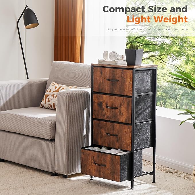 Sweetcrispy Dresser for Bedroom, 4 Drawer Storage Organizer for Closet | Small Fabric Dresser Cabinet, Chest of Drawers with Sturdy Frame, Tall Nightstand, Home Furniture, Rustic Brown