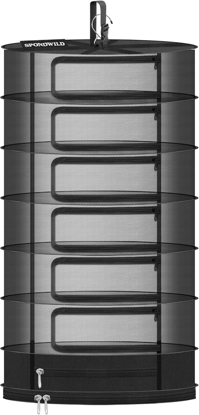 Herb Drying Rack Hanging Mesh, 18" Diameter 7 Layer Plant Drying Rack with Door Type Zipper and Closed Storage Compartment for Folding Basket Dryer Fit in Grow Tents, Garden Outdoor