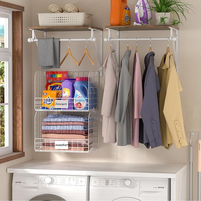 DAOUTIME 2 Set Laundry Room Wall Mounted Shelves With Wire Storage Baskets, Over Washer and Dryer With Hanging Rods and Hooks, for Organization and Storage, White, Wooden