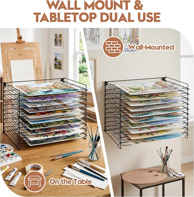 Wall Mount & Tabletop Art Drying Rack for Classroom, Art Storage Rack for Painting Canvas with10 Removable Shelves, Pizza Stone Pan Rack, Desk Organizers, Vinyl Roll Storage Holder
