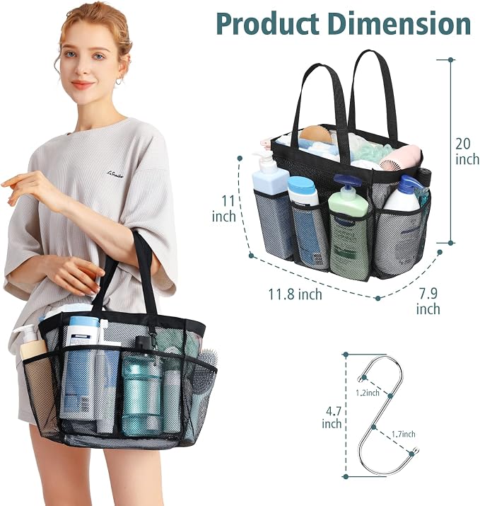Mesh Shower Caddy Portable - 8 Pockets Extra Large Shower Bag for Dorm | S-Hook, Quick-Dry, Hanging Toiletry Organizer, College Dorm Room Essentials for Girls, Gym, Travel & Bathroom, Black