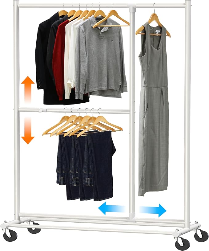 Simple Houseware Dual Bar Adjustable Clothing Garment Rack, 72" H, White | Extendable Middle Bar from 23" to 42.75 Inches Width