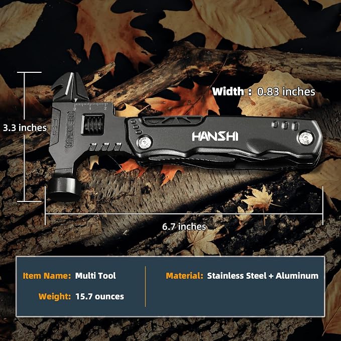 HANSHI Adjustable Wrench Multitool Hammer with Nylon Sheath for Gift | 16 in 1 Multi Functional Tools includes Pliers,Pocket Knife,Can Opener,Bottle Opener,Wire Cutter