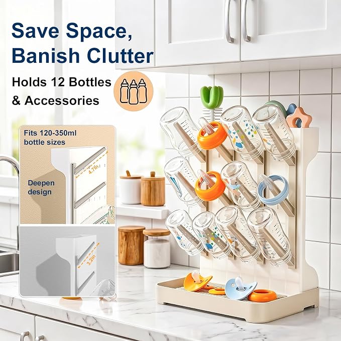 GoMaihe Baby Bottle Drying Rack: Space Saving Vertical Bottle Dryer Holder - Baby Accessories Storage Stand Organize Brushes Pacifiers on Countertop - BPA-Free - Beige