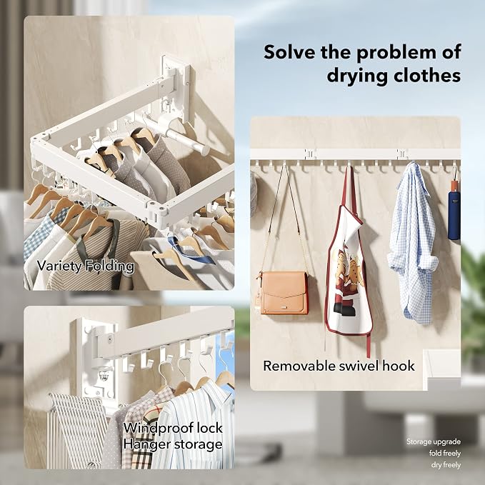 BOQORAD Wall Mounted Clothes Hanger Rack, Clothes Drying Rack,Laundry Drying Rack,Collapsible Clothes Rack Wall Mount, Retractable Drying Rack Clothing,can Fold Upward & Left & Right,White Color