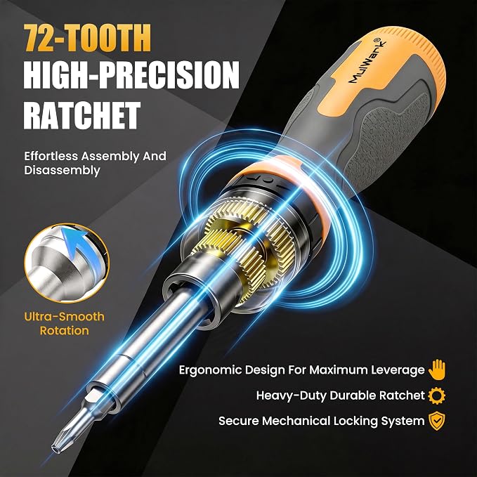 Mulwark 16-in-1 Ratcheting Multi-Bit Screwdriver Set, S2 Steel Screwdriver with 1/4" & 5/16" Nut Drivers, Nickel Coated Anti-Rust screw driver, Max Torque Soft Handle for Home Repair & DIY