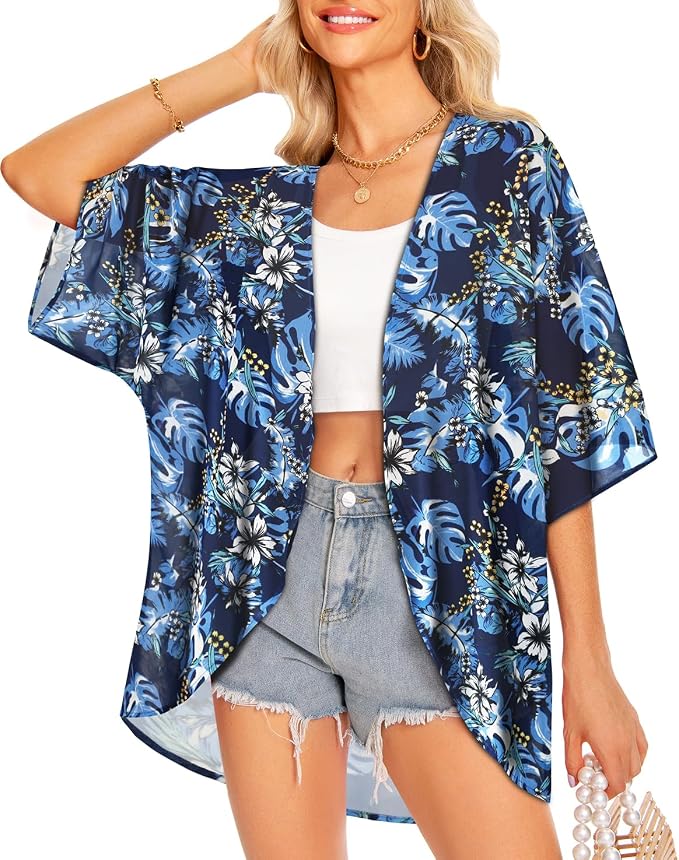 Women Kimono Cardigans Summer Cover Up Hawaiian Shirts Floral Print Tops | ROSEMIA chiffon kimono open front cardigans, beach cover ups, daily casual tops, cruise outfits, summer resort wear