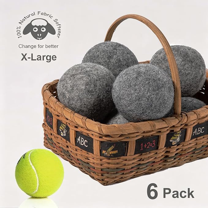 Budieggs Wool Dryer Balls XL 6-Pack, 100% New Zealand Wool Handmade | Chemical-Free Natural Fabric Softener Reusable, Reduces Wrinkles, Tangling, Drying time & Static Cling, Lasts 1000+ Loads