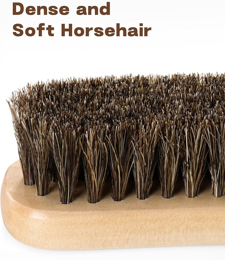 Clothes Brush Horsehair Cleaning Brush Kit for Hats, Wool, Suede, 2 Pack | 100% Horsehair Removes Dust Lint Pet Hair for Cashmere Velvet Suits Shoes Furniture Edges Seams with Wood Handle Storage Bag