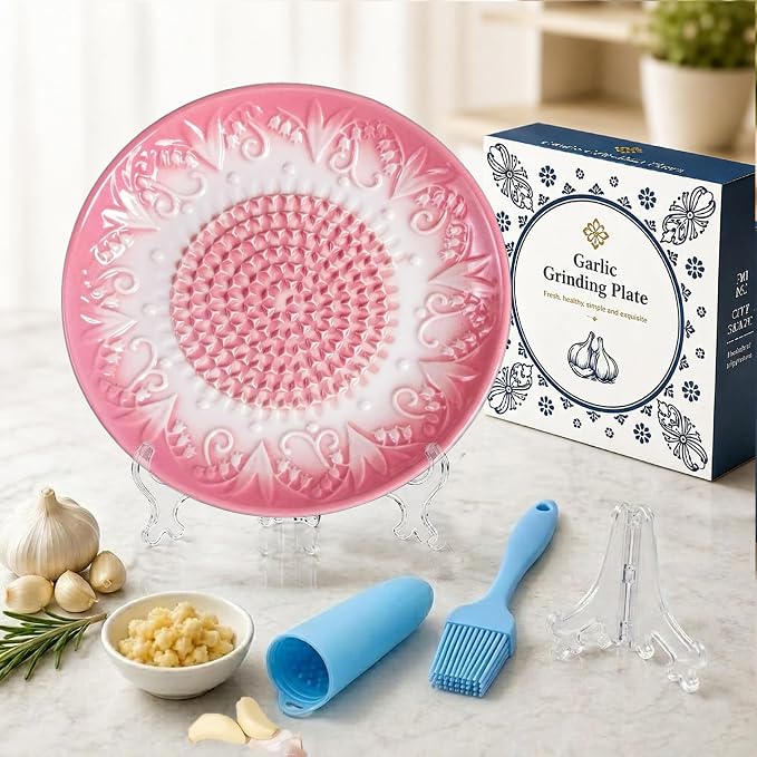 Ceramic Garlic Grater Plate Set with Rack & Cleaning Brush(Pink) | Textured ceramic surface grates garlic, ginger and tomatoes quickly; includes rack, brush and peeler for easy kitchen use
