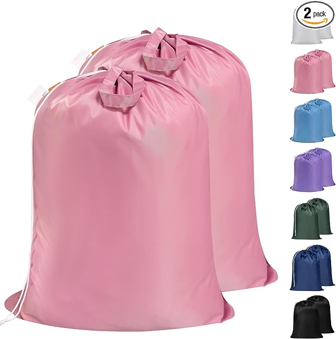 2 Pack Extra Heavy-Duty Laundry Bag with Handles, Pink, 28x36" | Extra Large, Name ID Tag, Machine Washable, Reinforced Handles, Drawstring Closure, For College Dorm Travel