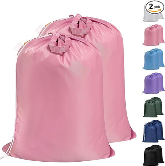 2 Pack Extra Heavy-Duty Laundry Bag with Handles, Pink, 28x36" | Extra Large, Name ID Tag, Machine Washable, Reinforced Handles, Drawstring Closure, For College Dorm Travel