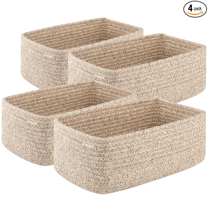 OIASKET 4 Pack Small Storage Shelf Baskets for Organizing, Mini Woven Rope Storage Bins for Towels, Cute Decorative Closet Organizer，Baby Nursery, Gift Empty Baskets -11.81''Lx7.87''Wx4.72''H'-Brown