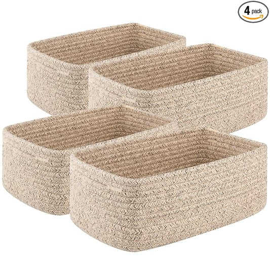 OIASKET 4 Pack Small Storage Shelf Baskets for Organizing, Mini Woven Rope Storage Bins for Towels, Cute Decorative Closet Organizer，Baby Nursery, Gift Empty Baskets -11.81''Lx7.87''Wx4.72''H'-Brown