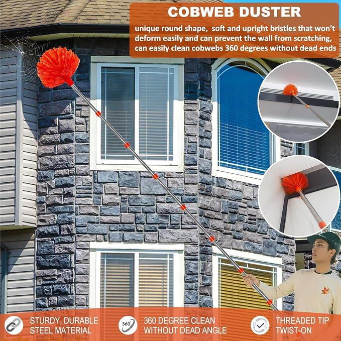 20 Ft+ High Reach Cleaning Tool Kit - Microfiber Feather Ceiling Fan Duster & Cobweb Duster with 3-14 ft Spliceable Pole Duster for Cleaning Fan, Spider Web, Ceiling, Blinds, Furniture Clean