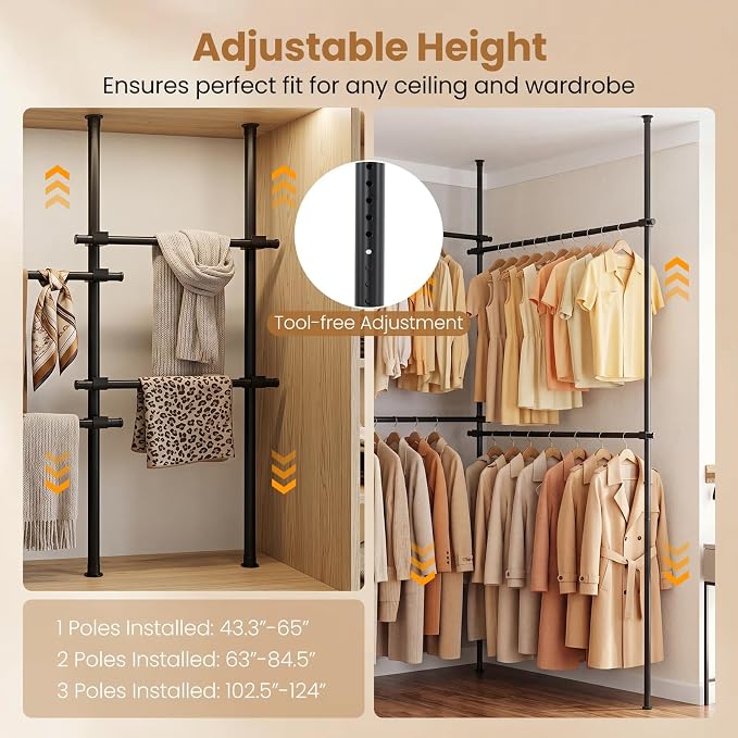 Giantex Floor to Ceiling Clothes Rack, Heavy Duty DIY Garment Rack 4 Rods | Tension Pole Closet System w/ Folding Drying Rack, Reacher Pole, Metal Garment Organizer for Bedroom, Laundry Room, Closet