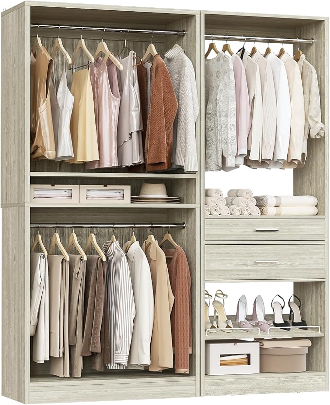Unikito Closet System Set of 2, 5FT Closet Systems with 2 Wood Drawers, 61" Closet Organizer System with 3 Hanging Rods & 2 Shelves, Heavy Duty Walk-in Closet, White Oak (61" L x 16" W x 80" H)