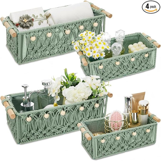Vesici 4 Pcs Sage Green Macrame Storage Basket for Shelves 13" 11" Boho Storage Basket Hand Woven Boxes with Wood Handles Beads Decorative Countertop Toilet Cabinet Organizer for Home Decor