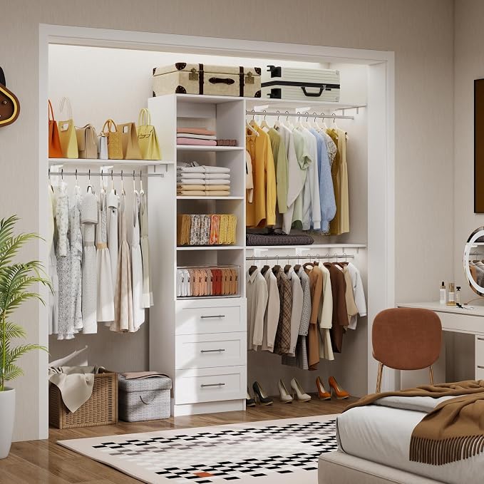 Closet System with Drawers, 5-8FT Closet Organizer Systems with Expandable Hanging Rods, 91.36" Closet Shelving Systems for Walk in Closets, Heavy Duty Wall Mount Closet Systems-White