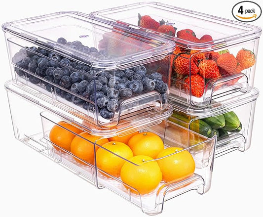 Large Fridge Organizer Drawers, 4 Pack Clear Pull-Out Refrigerator Organizer Bins, Stackable Fruit and Vegetable Storage Containers for Kitchen, Refrigerator, Pantry