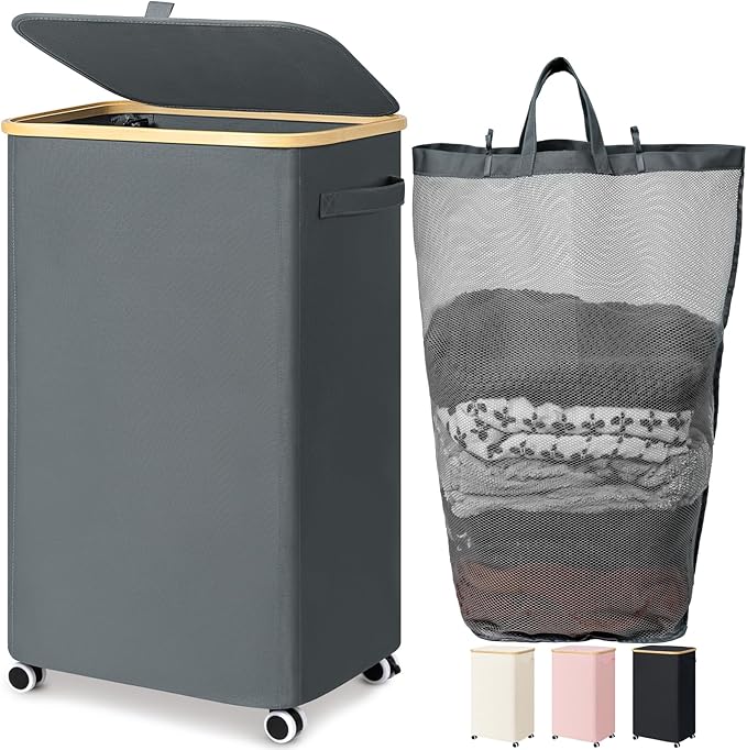 Goodpick 100L Large Rolling Laundry Hamper with Lid, Gray | Wheels Design, Removable Wash Bag, Collapsible, Bedroom & Bathroom Organization, Clothes, Blankets & Bedding Storage