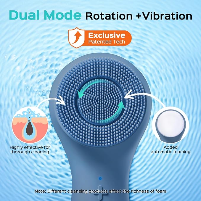 COSLUS FBS03 Face Scrubber Facial Cleansing Brush: 2 in 1 Spin and Vibration Patented, Silicone Electric Exfoliator Scrubber with Automatic Foaming, Waterproof Face Cleanser Brush (Navy Blue)