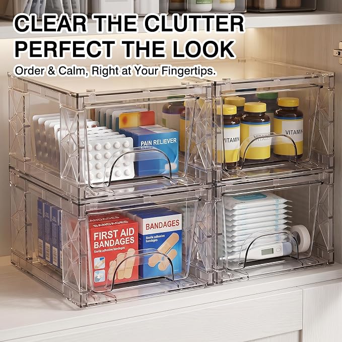 Stackable Storage Drawers 4 Pack 4.4in Clear Medicine Bins Organizer