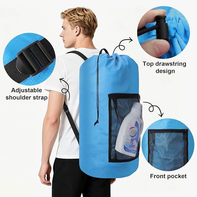 Laundry Bag Backpack Durable Laundry Bag with Shoulder Straps and Mesh Pockets Portable Laundry Hamper Dirty Clothes Bag for College, Travel, Laundromat, Apartment (Blue)