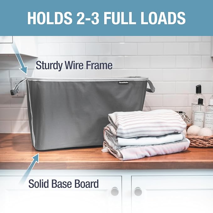 CleverMade Collapsible Laundry Basket, 60L, 2 Pack, Charcoal | Each basket supports 55 lb and stays upright while loading, then folds to 1.25 inches for closets, dorms, and RVs.