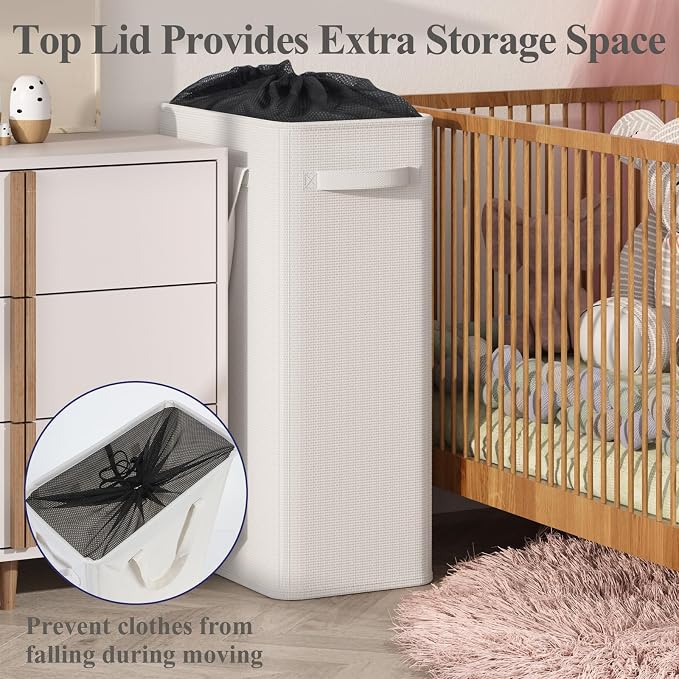 Optish 75L Slim Laundry Hamper, Baby Hamper for Nursery with Handles, Large Laundry Basket for Dorm, Bedroom, Living Room, Collapsible Laundry Basket, White
