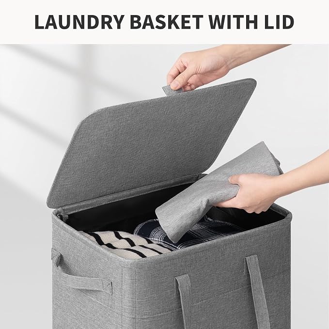 Goodpick 100L Large Rolling Laundry Basket with Wheels and Lid, Gray | 17.2 × 13.2 × 32 in, Removable Wash Bag, Collapsible Design, Clothes & Blanket Storage, Bedroom & Bathroom Organization