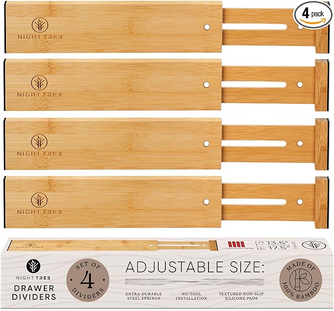 Night Tree Expandable Bamboo Drawer Dividers – Spring-Loaded Wooden Organizers for Clothes, Kitchen Utensils, Bathroom, and Dresser Drawers (14.5" to 16.5")