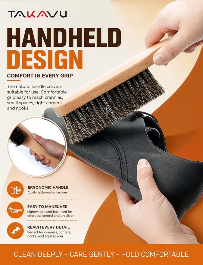 TAKAVU 10.2in Horsehair Hat & Shoe Brush, Long Handle Felt Cleaner | Soft Bristle Dusting Wardrobe Brush for Lint, Pet Hair, Suits, Coats, Upholstery & Garments, Wooden Extended Grip