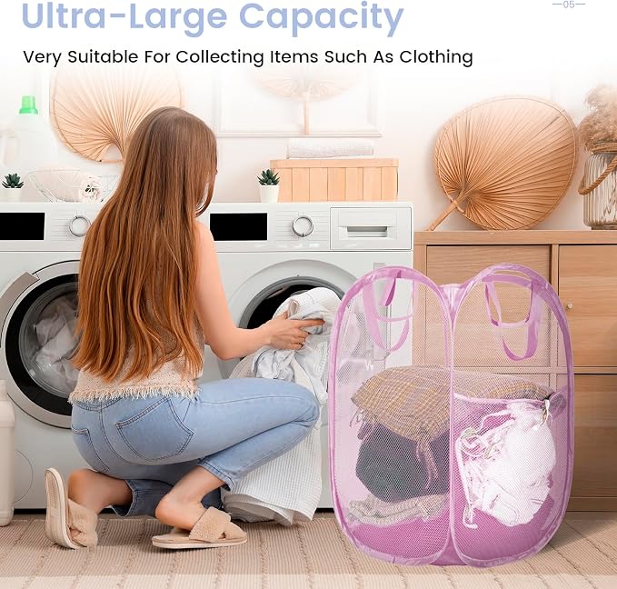 HOUSE AGAIN 2Pack Strong Mesh Pop Up Laundry Hamper, 70L Collapsible Laundry Basket with Steel Frame, Double‑Stitched Handles & Side Pocket, Foldable Dirty Clothes Hamper for Dorm, Bedroom, Light Pink