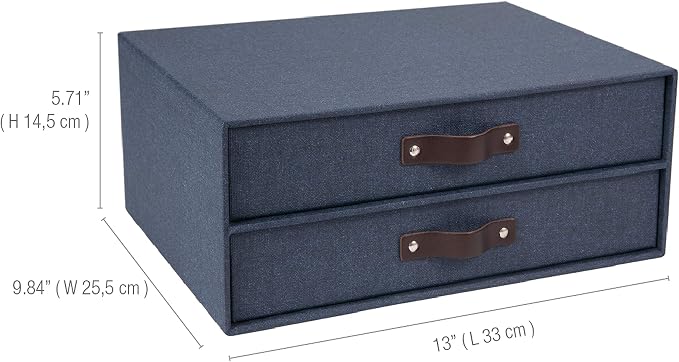 Bigso Birger 2-Drawer Canvas Fiberboard Easy Pull Handle Document Letter Box | Desktop Drawers for Loose Papers and Documents | Desktop Storage Drawers with Leather Handles | 13.1” x 10” x 5.7” | Blue