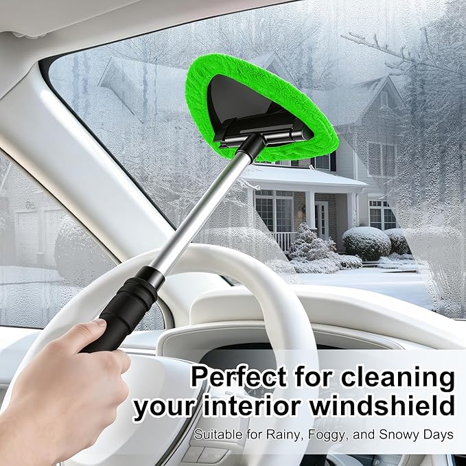 JUSTTOP Windshield Cleaner Tool, Car Interior and Exterior Window Cleaning Kit with Extendable Handle & 4 Reusable Microfiber Pads, Auto Glass Wiper Brush Kit for Car & Home Windows (Green)