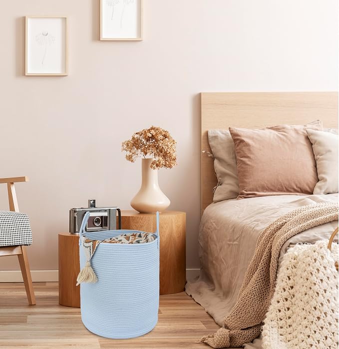 XUANGUO Cotton Rope Laundry Basket Hamper for Clothes, light blue | Woven Storage Basket for Living Room Bedroom Boho Tall Rope Baskets for Blanket Toys Pillow Towels Baby Nursery Hamper Bin