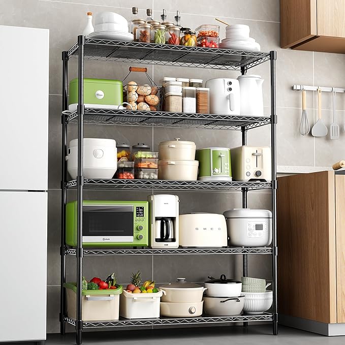 48" W Garage Shelving 1875LBS Heavy Duty Wire Shelving Unit, Metal 5-Tier Adjustable Steel Storage Rack with Liners, Storage Tote Rack, 48" W x 18" D x 72" H for Garage Commercial, Black