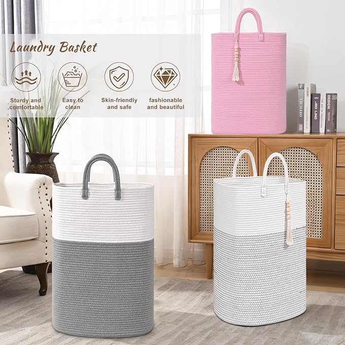 Woven Laundry Basket for Clothes, 65L Large Rectangle Laundry Hampers, Nursery Storage Basket for Toys, Tall Dirty Clothes Hamper for Bedroom Aesthetic, Bathroom, Laundry Room