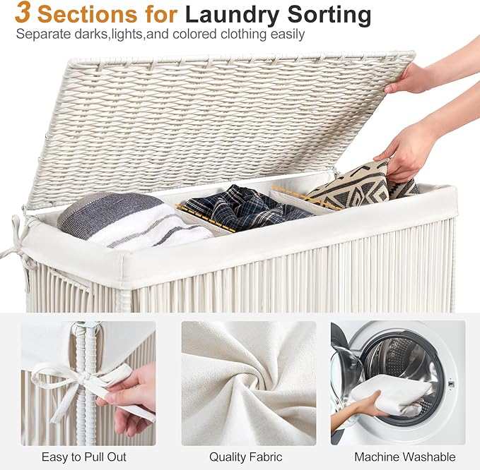 WOWLIVE Laundry Basket 3 Section, Handwoven Laundry Hamper with Wheels | Rolling Clothes Hamper with Lid and Divided Removable Bag, 160L Large Laundry Sorter, Laundry Room Organization, Creamy White