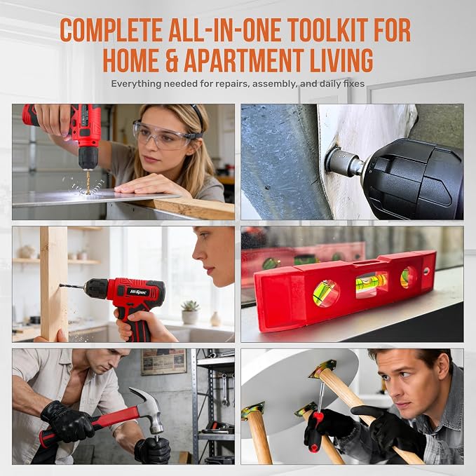 Hi-Spec 8V Cordless Drill Set and Starter Tool Kit for Home Projects, Red | Rechargeable USB, Repairs and Maintenance, DIY, faster holes and screwdriving, light-duty projects, home setup help