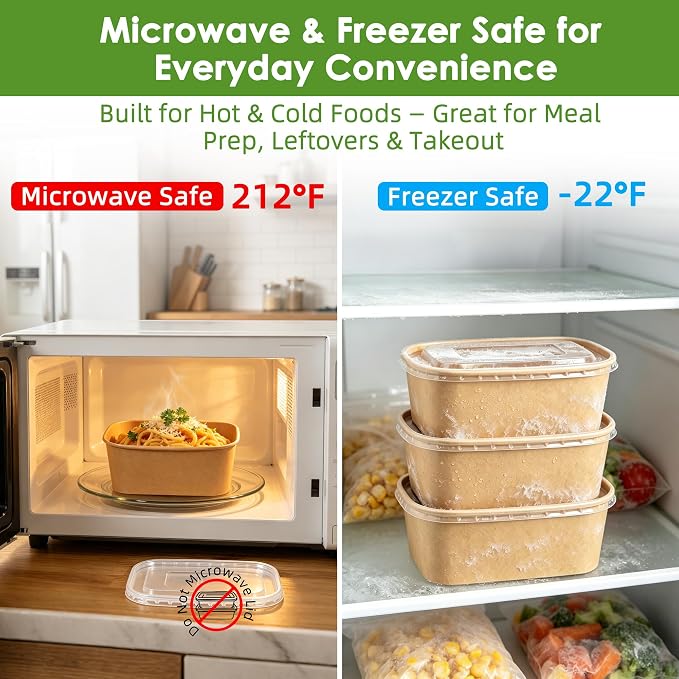 50-Pack 30oz Disposable Meal Prep Containers with Lids and Forks, Compostable Kraft Paper Bowls To Go, Microwave & Freezer Safe Food Containers for Hot Soup, Cold Dessert, Lunch, Takeout