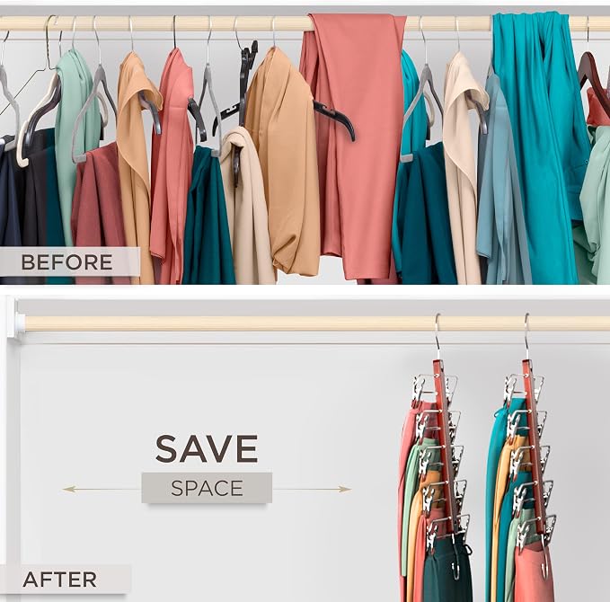 MORALVE Skirt Hangers Space Saving with Clips - 2 Pack - European Beechwood 5-Tier Hanger for Shorts, Skirts, and Pants - Closet Organizer and Storage Solution for Women with 360° Swivel Hook