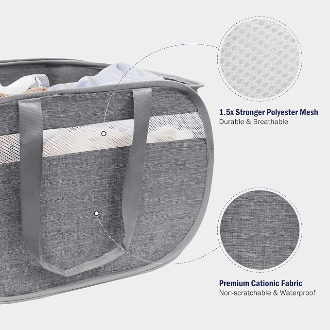 Collapsible Tear Proof Laundry Baskets with Dual Handles, Grey | 70L, Foldable, Pop up Hamper, Reinforced Durable Laundry Hamper for Home, Laundry, Bathroom, Dorm or Travel