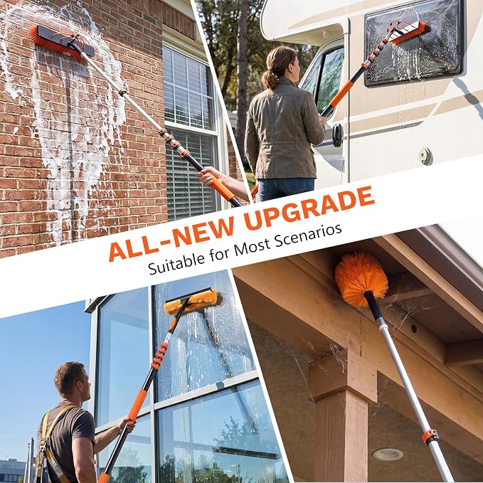 Solar Panel Cleaning Kit with 5-20ft Telescoping Pole, Water Fed Pole Window Cleaning System with Soap-Dispenser, Brush, 11″Squeegee & Cobweb Duster for Snow Removal, Windows, RVs, Decks