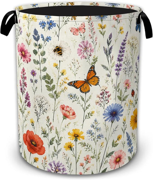 Wildflower Butterfly Collapsible Laundry Hamper for Bedroom, Freestanding Oxford Clothes Basket, Large Foldable Storage Bin with Easy-Carry Handles for Bathroom Dorm Laundry Room
